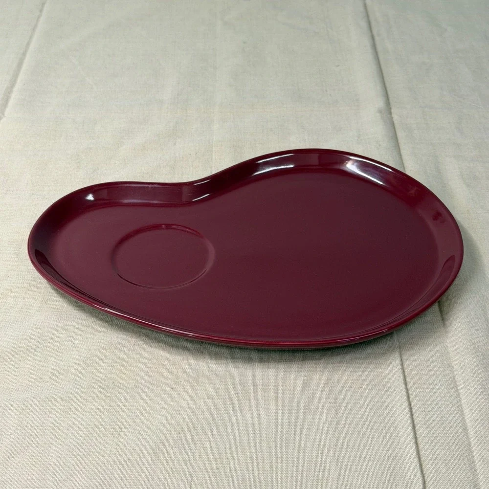 Burgundy Kidney Shaped Ceramic Snack Plate Tray Glossy Red Brown Catchall